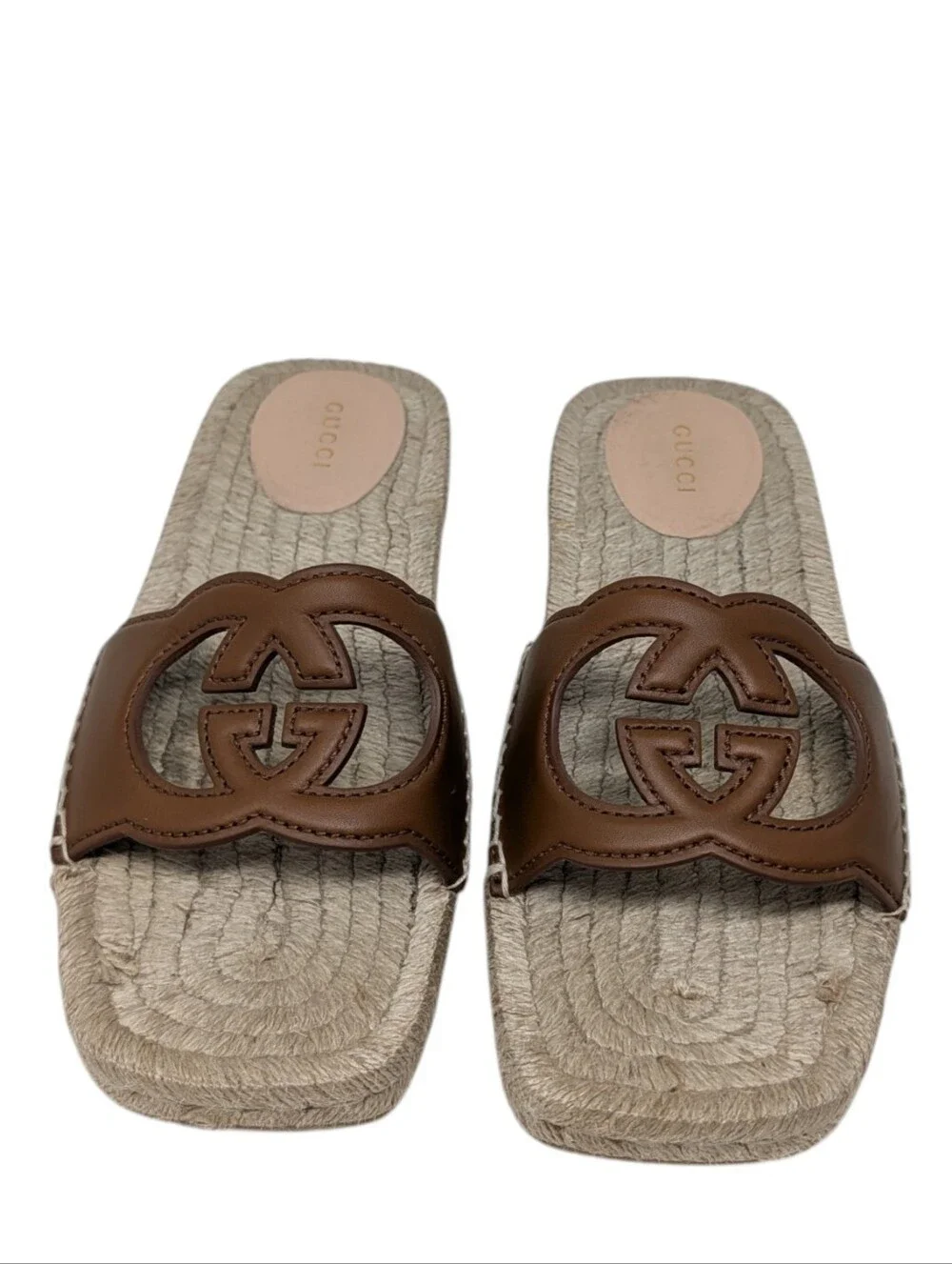 Gucci Interlocking G Brown Leather Espadrilles Flat Slide Sandals Size EU 38